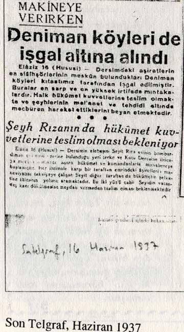 Dönemin Dersim manşetleri