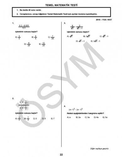 YGS Matematik soru ve cevapları