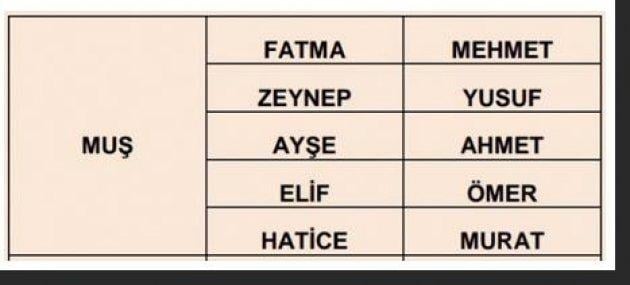 İllere göre en çok kullanılan isimler
