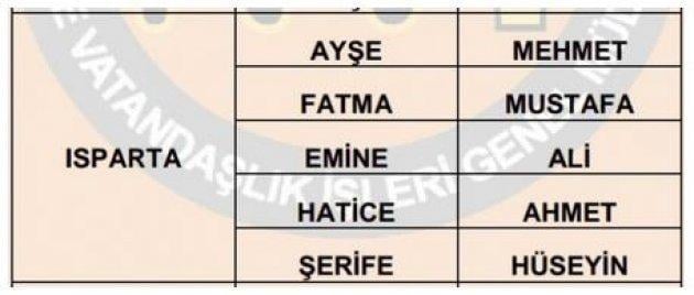 İllere göre en çok kullanılan isimler