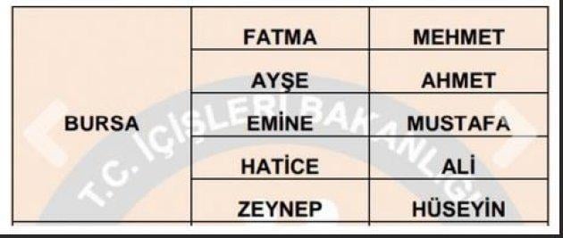 İllere göre en çok kullanılan isimler