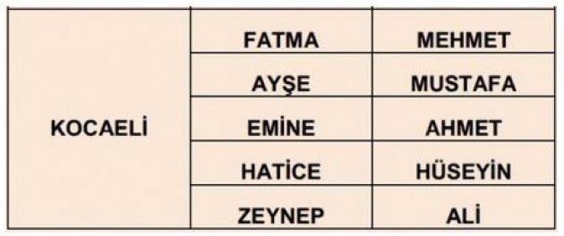 İllere göre en çok kullanılan isimler