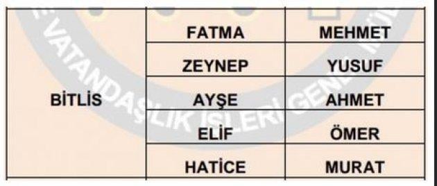 İllere göre en çok kullanılan isimler