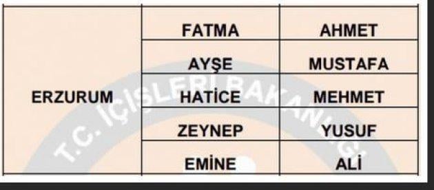 İllere göre en çok kullanılan isimler