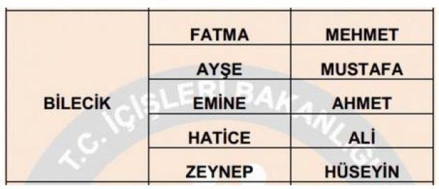 İllere göre en çok kullanılan isimler