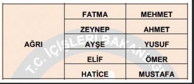 İllere göre en çok kullanılan isimler