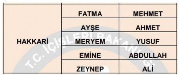 İllere göre en çok kullanılan isimler