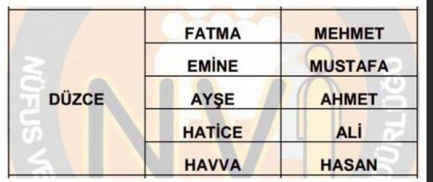 İllere göre en çok kullanılan isimler