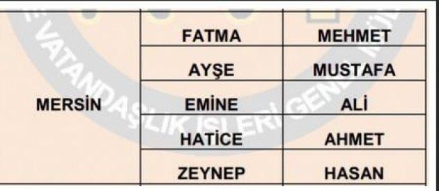 İllere göre en çok kullanılan isimler