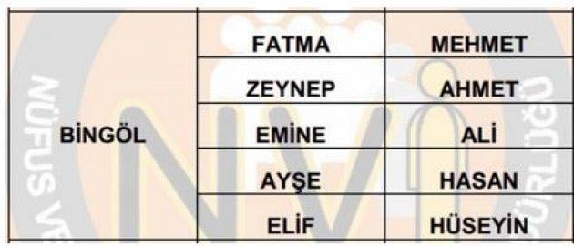 İllere göre en çok kullanılan isimler