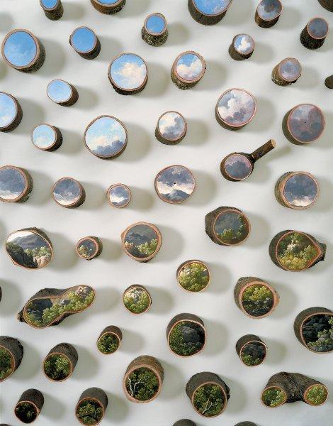 Ağaç kütükleri üzerine çizilmiş gerçek manzaralar