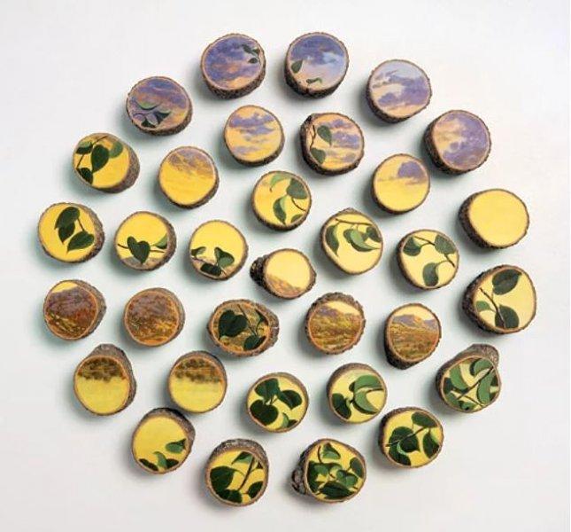 Ağaç kütükleri üzerine çizilmiş gerçek manzaralar