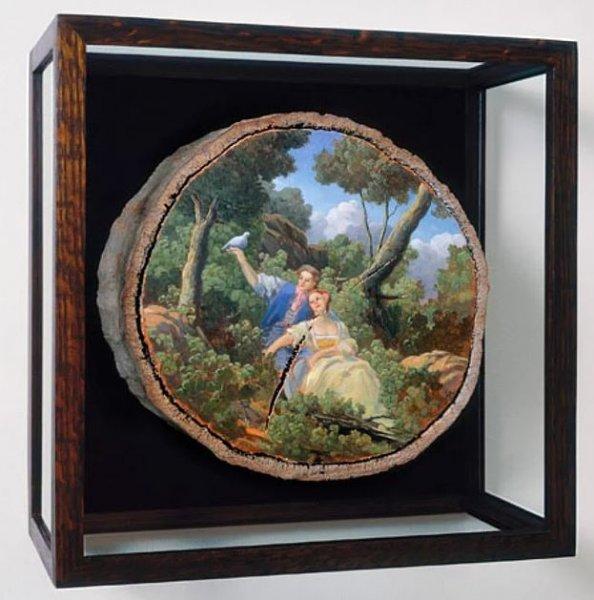 Ağaç kütükleri üzerine çizilmiş gerçek manzaralar