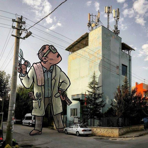 Dev illüstrasyonlarla sokak sanatı 