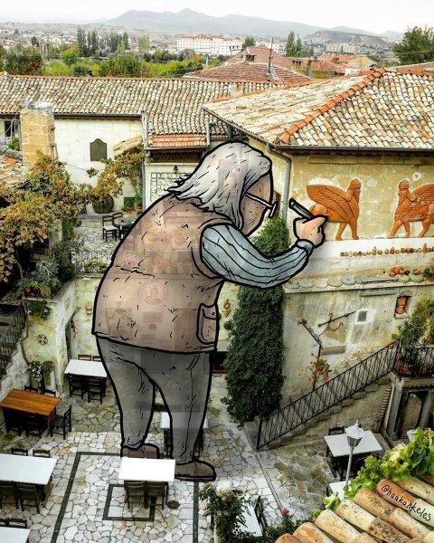 Dev illüstrasyonlarla sokak sanatı 