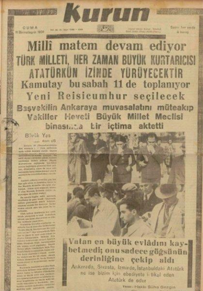 10 Kasım 1938 gazete manşetleri