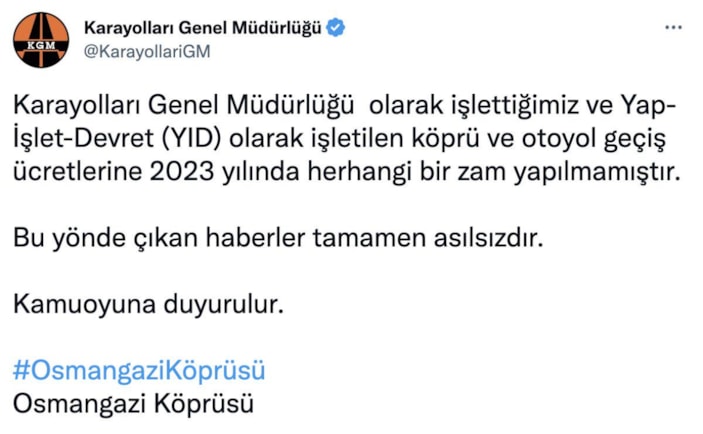 Karayolları, köprü ve otoyollara zam iddiasını yalanladı