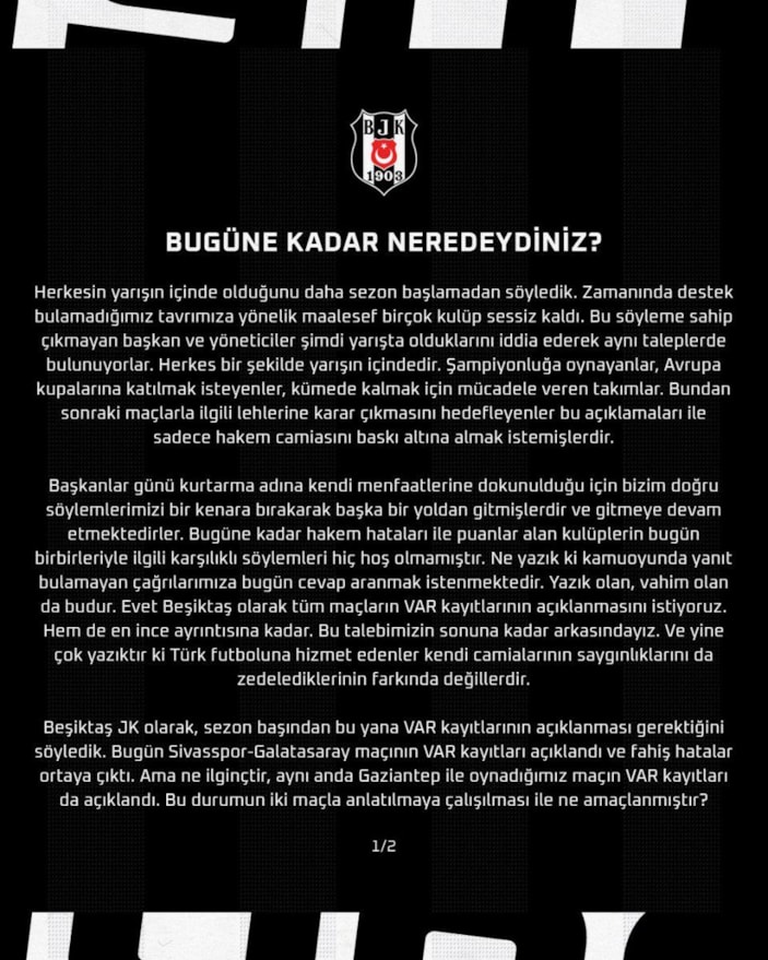 Beşiktaş'tan VAR kararları açıklaması