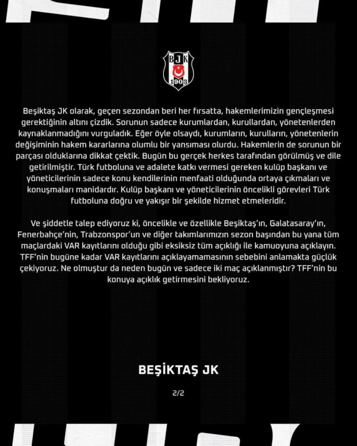 Beşiktaş'tan VAR kararları açıklaması