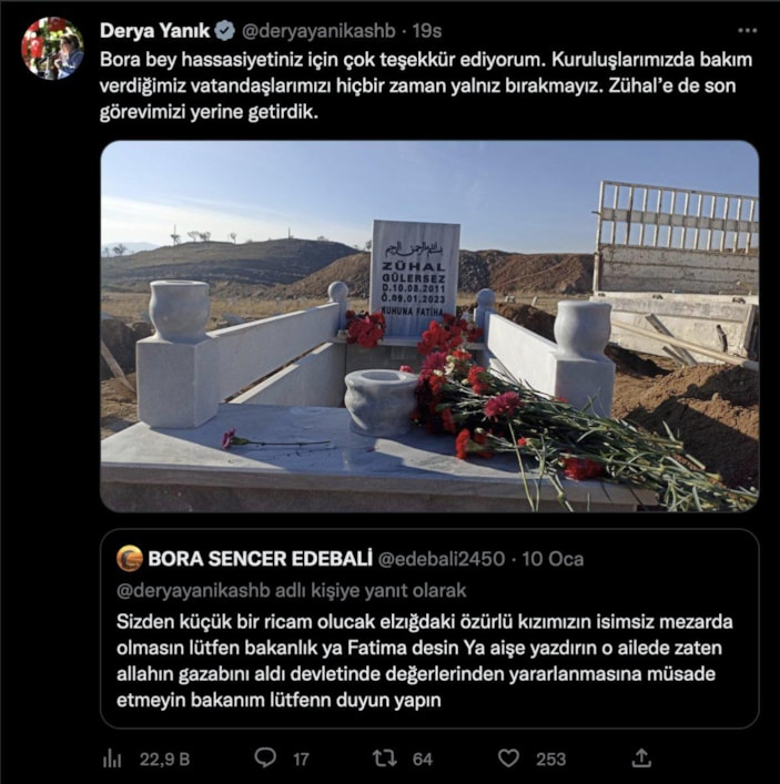 Elazığ'da zihinsel engelli Zühal'in mezarını bakanlık yaptırdı