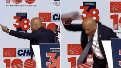 CHP'li Abdullah Şahin, mikrofonu kapatılınca sahnede zıplayarak elindeki kağıtları yere attı