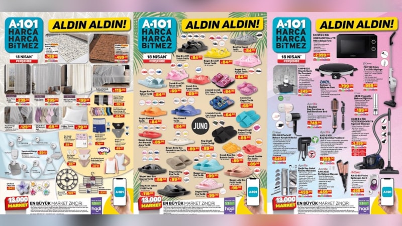 A101 şov başlıyor! her yer dolup taşacak; Saç Şekillendirme Seti 749.00 TL, Terlik Çeşitleri 84.90 TL...