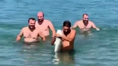 Kocaeli'de denize giren şahıs çıplak elle balık tuttu