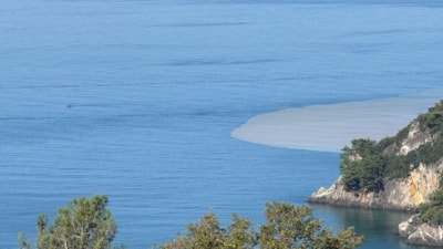 Bartın Irmağı'ndan akan çamurlu su, denizin rengini değiştirdi
