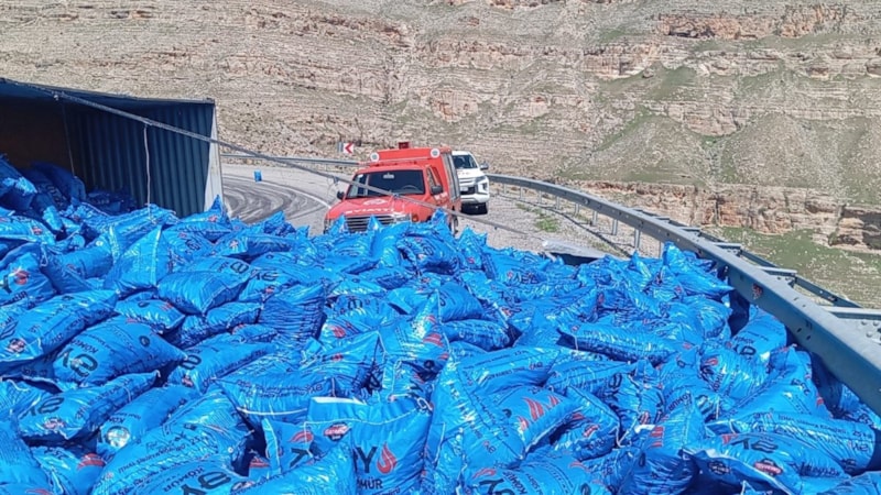 Siirt'te virajı alamayan tır devrildi