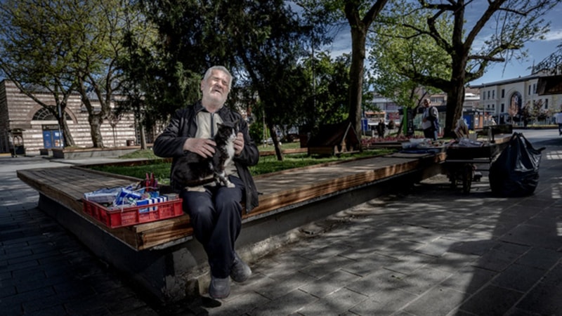 Üsküdar'da sokak kedisi, görme engelli seyyar satıcıya yoldaş oldu