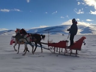 Çıldır Gölü buz tuttu, atlı kızak seferleri başladı