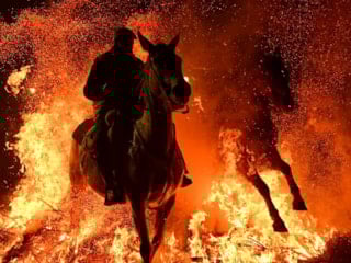 İspanya'da kutsanan atlar ateşin üzerinden atlatıldı