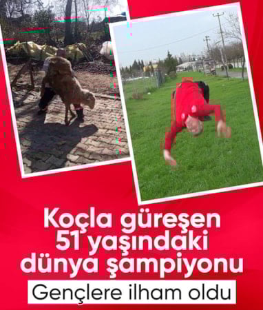 Kocaeli'de koçla güreşen 51 yaşındaki dünya şampiyonu, gençlere ilham oldu