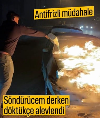 Aksaray'da otomobil yangınına antifrizli müdahale ters tepki