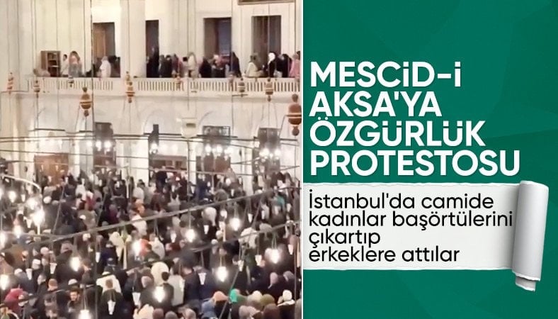 Kadir Gecesi’nde Fatih Camii’nde kadınlardan başörtülü Kudüs protestosu