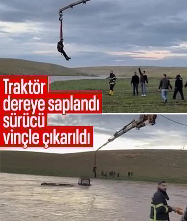 Şanlıurfa’da derede mahsur kalan traktörün sürücüsü vinçle çıkarıldı