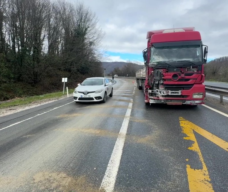 Düzce-Akçakoca yolunda makas atan tır, trafiği durdurdu