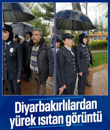 Diyarbakır'da vatandaşlar yağmurda ıslanan polise şemsiye tuttu