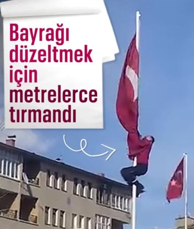 Erzurum'da rüzgarda dolanan bayrağı düzeltmek için 15 metrelik direğe tırmandı