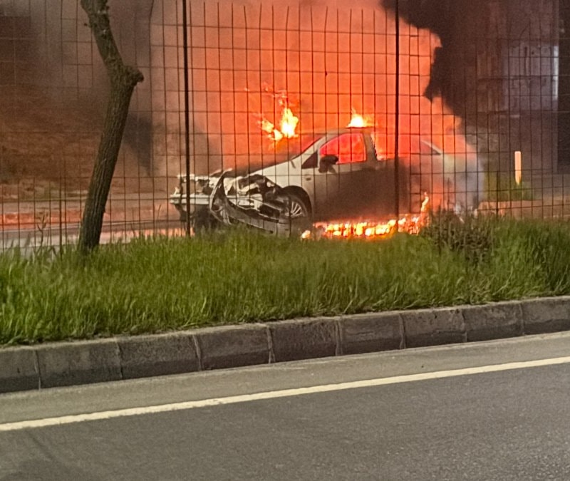 Tekirdağ'da kaza yapan otomobil alev aldı