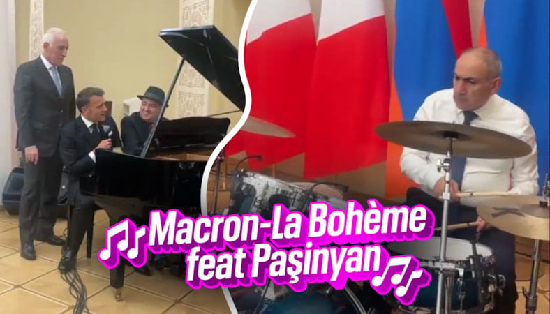 Nikol Paşinyan davul çaldı, Macron mikrofonu eline aldı