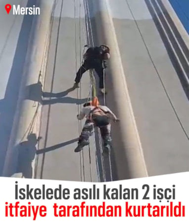 Mersin'de iskele düştü işçiler halatta asılı kaldı