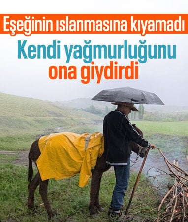 Yozgat'ta sağanak sonrası yağmurluğunu eşeğine giydirdi