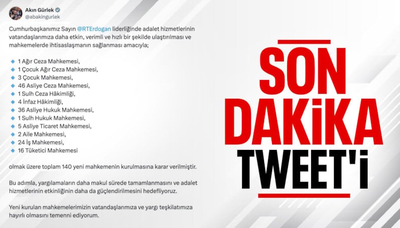 Akın Gürlek: 140 yeni mahkeme kurulacak