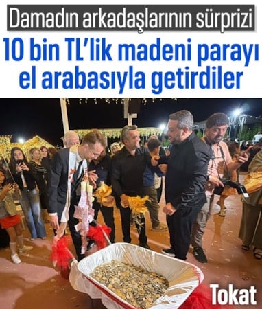 Tokat'ta damadın arkadaşlarından ilginç düğün takısı