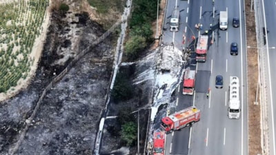 Kuzey Marmara Otoyolu'nda lastik yüklü tır alev aldı: Yangın tarım arazisine sıçradı