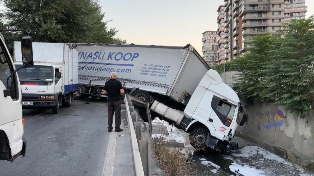 İstanbul'da halı yüklü tır dereye devrildi