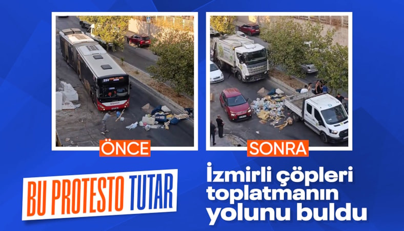 İzmir'de çöp sorununu 'eyleme' döktü: Alınmayan çöpleri yolun ortasına taşıdı