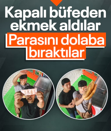 Düzce'de kapalı büfeden ekmek alan gençler, parasını dolaba bıraktı