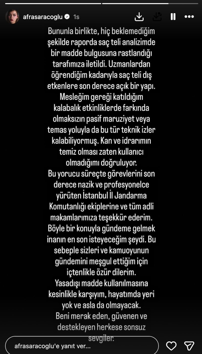Afra Saraçoğlu Saç Analizindeki Yasa Dışı Madde Bulgusu Sonrası Açıklaması